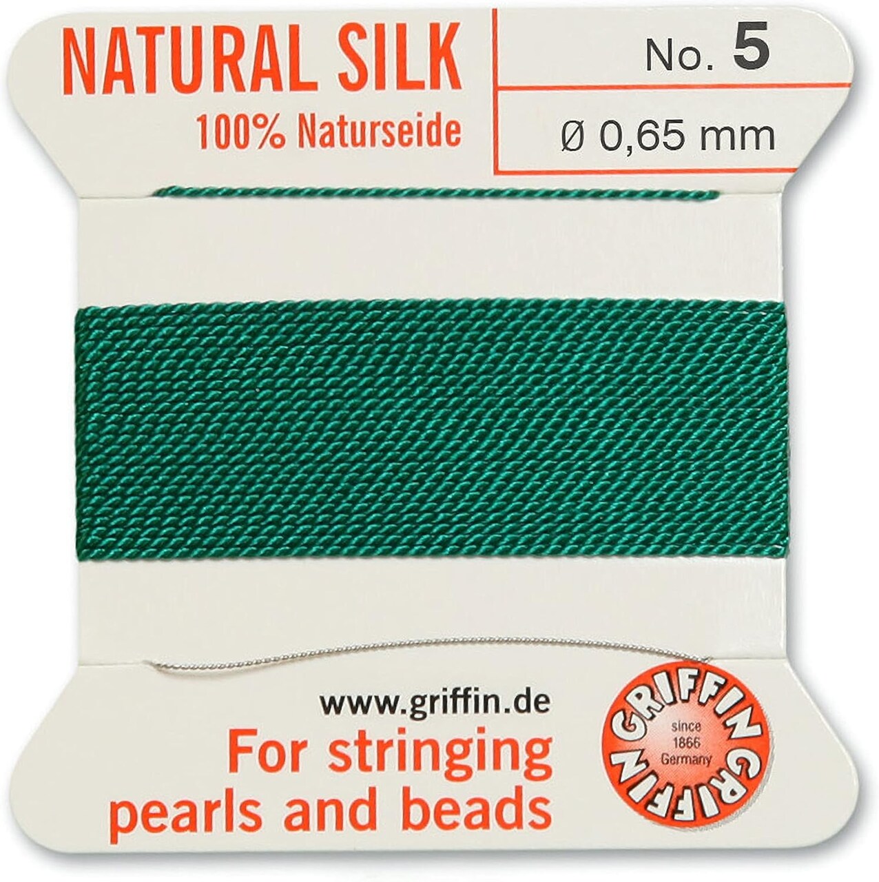 Griffin Silk Bead Cord Perlseide – Size 5 (0.65mm) – 2 Meters per Card – Stainless Steel Needle Attached – for Knotting Pearls, Gemstones, Crystals and Beads